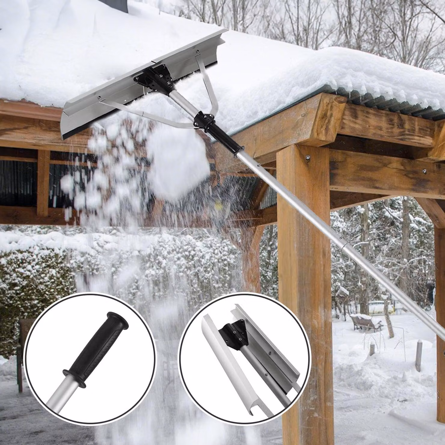 Jayseuw pala da neve per tetti pieghevole da 1,9 a 6,3 metri, pala da neve leggera, lama in alluminio con labbro in gomma, struttura robusta, adatta per pannelli solari e tetti.