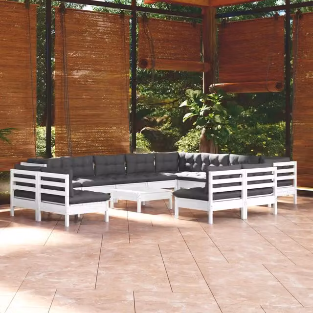Set di divani da giardino a forma di U vidaXL in legno di pino con cuscini bianchi e antracite – 1