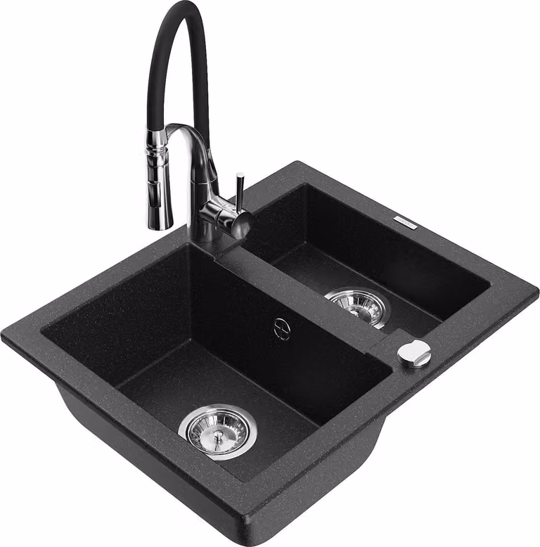 Mexen Carlos lavello in granito da 1,5 vasca con rubinetto da cucina Aster, nero/argento metallizzato - 6518-73-73450-07