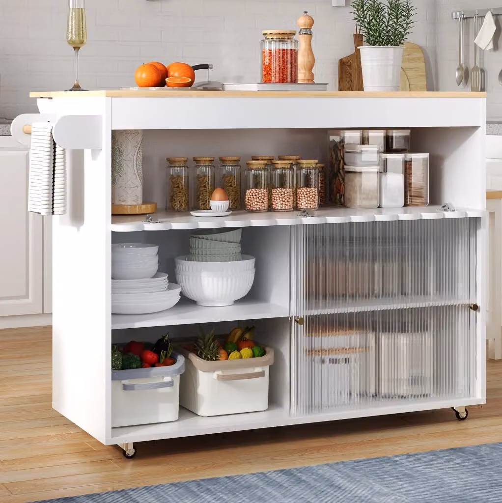 Carrello isola cucina pieghevole MODFU in MDF bianco e rovere con piano estendibile e ruote L/P/H: 122 x 69 x 91 cm – 2