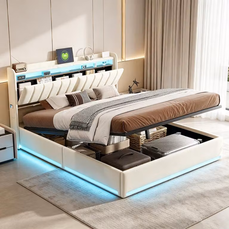 Letto con rete a molle INONEFT, 160x200 cm, con LED e USB, imbottito con spazio contenitore, sistema di sollevamento idraulico, rivestito in velluto, colore beige.