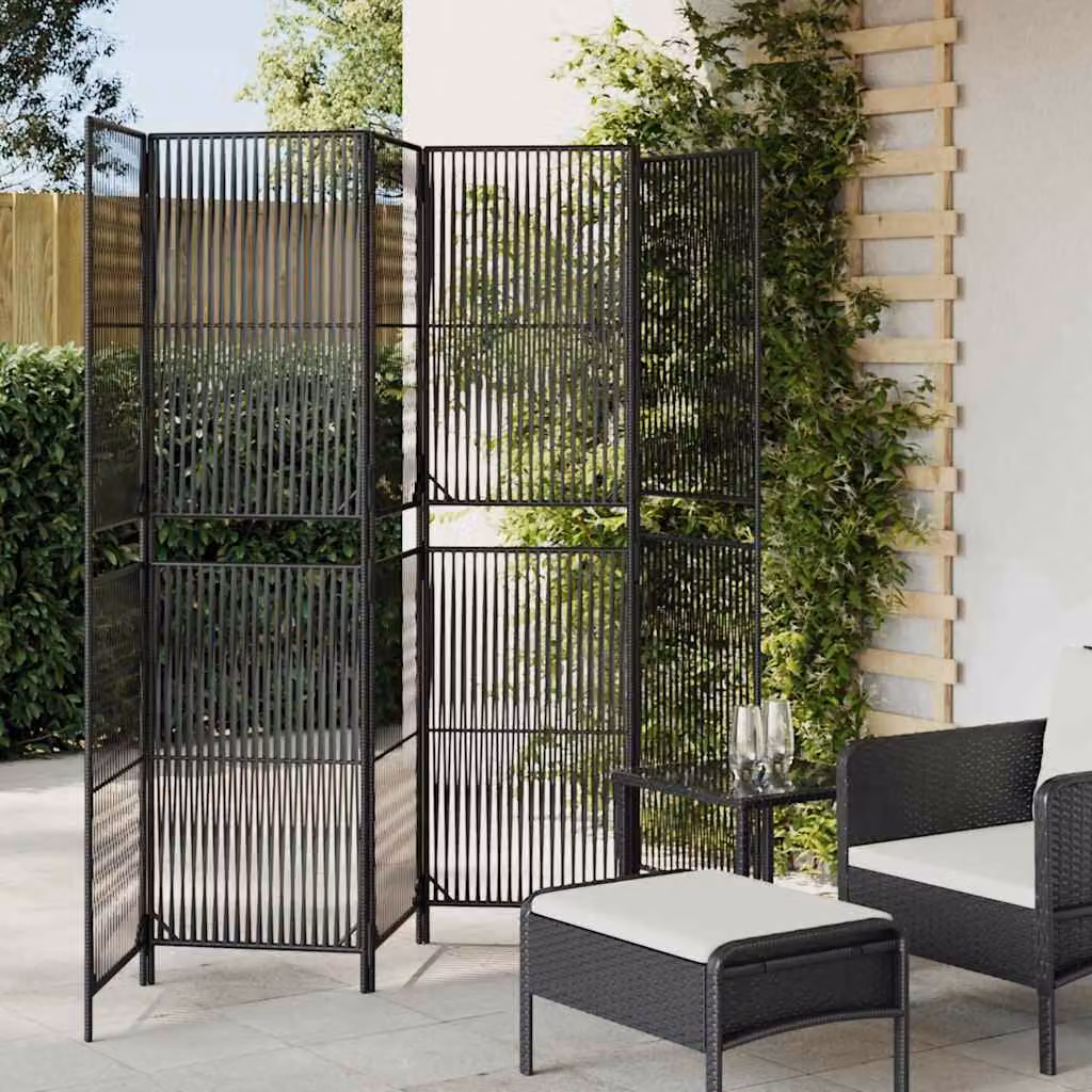 Divisorio per Ambienti vidaXL a 6 Pannelli in Polyrattan e Metallo Nero Opaco L: 294 cm, H: 180 cm