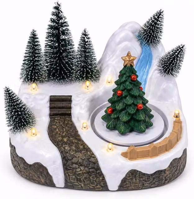 Villaggio di Natale Luminoso con Elemento Rotante, Luci LED e Musica – 3 Varianti: Albero, Babbo Natale, Bambini – 17x14x15 cm