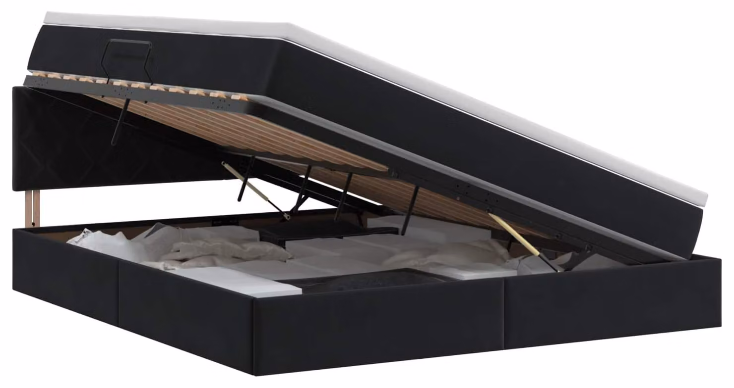 Letto imbottito con testiera, colore nero, dimensioni 180 x 200 cm, rivestito in velluto