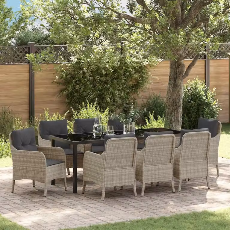 Set da pranzo per giardino e terrazzo vidaXL in polyrattan e vetro, 9 pezzi, Grigio