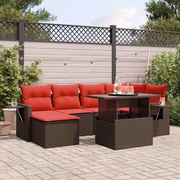 Set di divani da giardino vidaXL in polyrattan marrone con 7 pezzi e cuscini inclusi