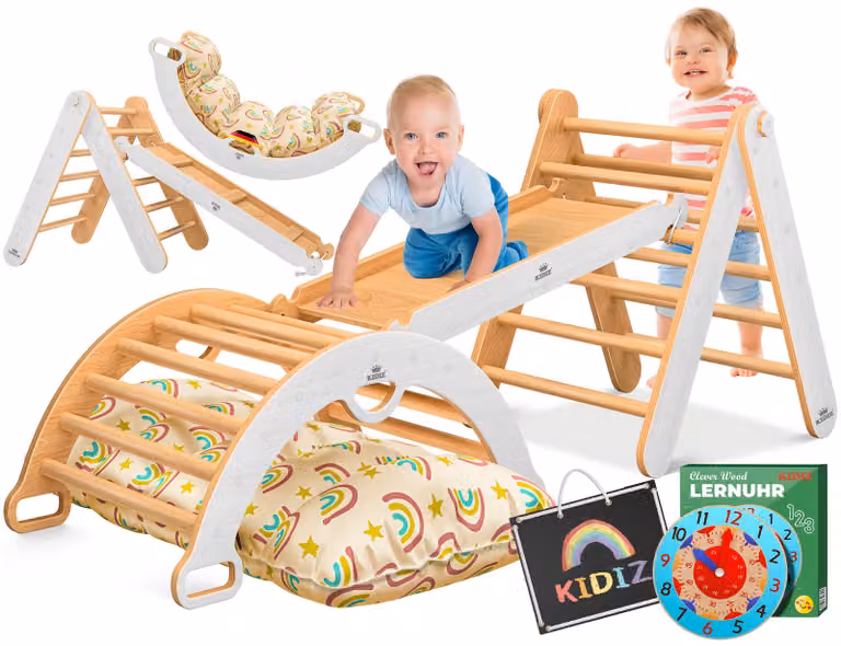 KIDIZ®: Struttura da gioco Montessori 7in1, set completo con struttura per arrampicata, scivolo, triangolo da arrampicata in legno, inclusi cuscini, lavagna e orologio educativo. Area giochi indoor per bambini piccoli dai 1 ai 3 anni