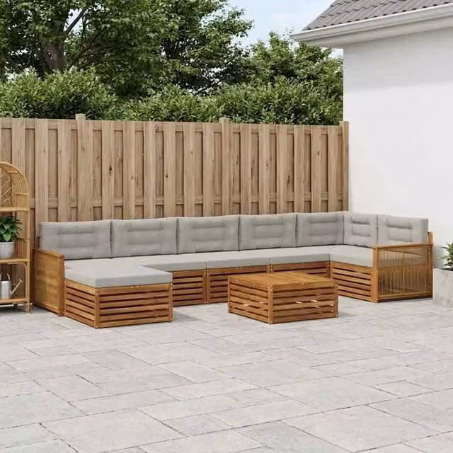 Set di divani da esterno a L vidaXL in legno di acacia con cuscini, colore marrone e grigio chiaro – 1