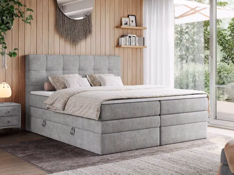 Letto boxspring, letto imbottito, letto, camera da letto - ERNI-KING - 140 x 200 cm - Grigio chiaro - H4