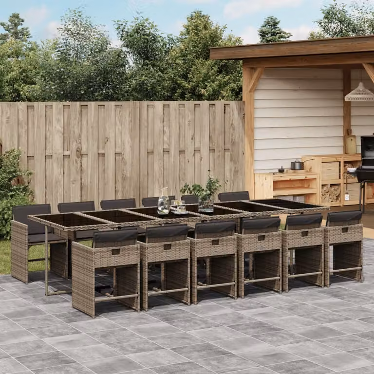 Set da pranzo da giardino vidaXL in polyrattan con cuscini e piano in vetro, 13 pezzi, grigio e nero