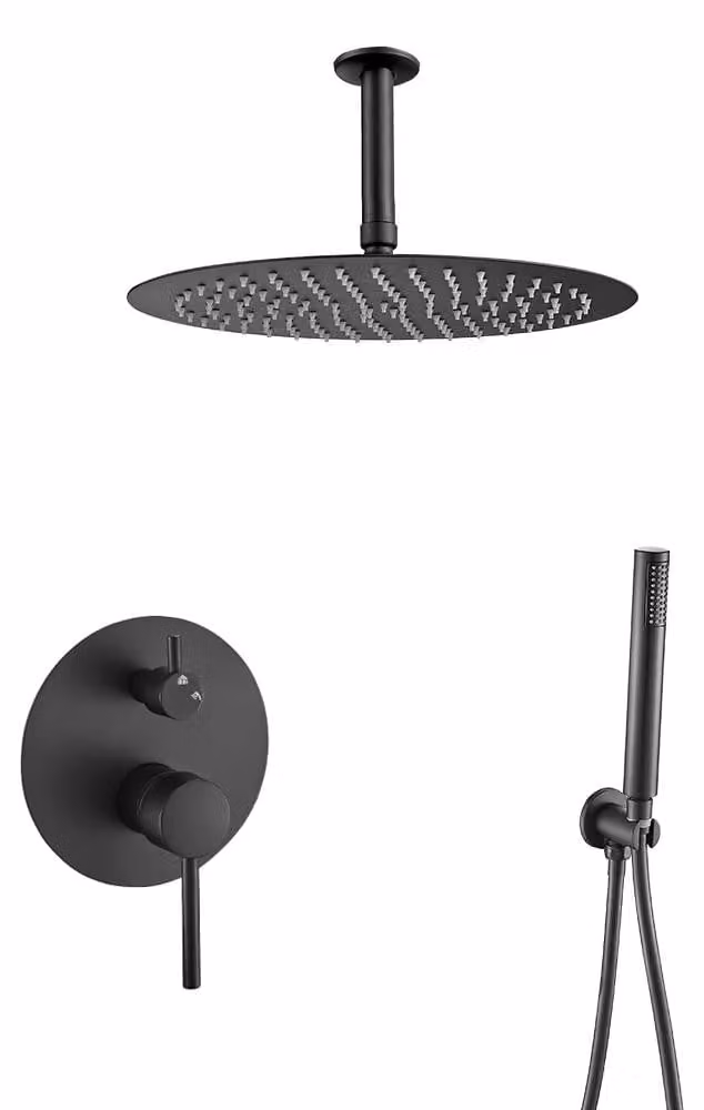 Sistema doccia rotondo, soffione da 25 cm, colore nero, con estensione fino al soffitto