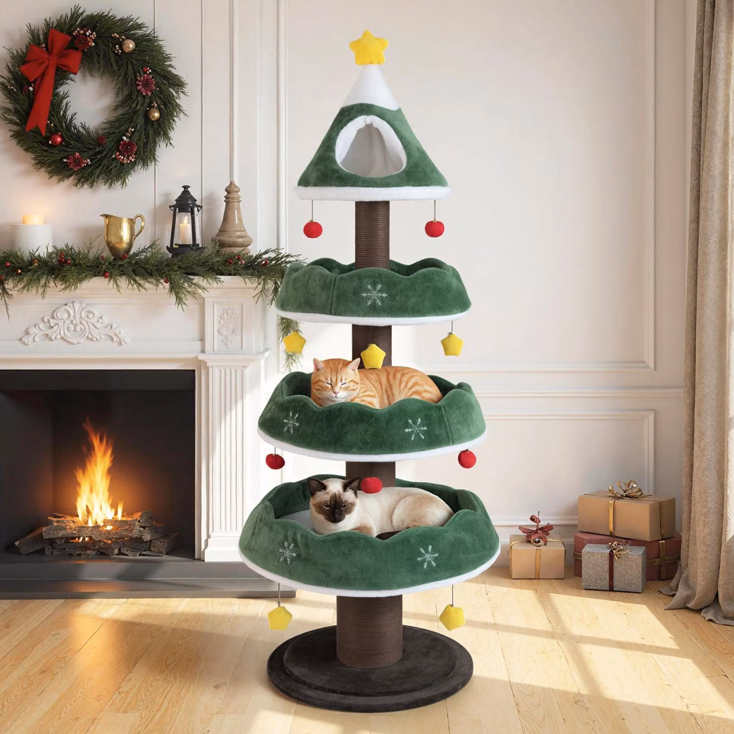 COSTWAY 179cm tiragraffi natalizio, albero per gatti con 3 piattaforme, 1 grotta, tronco spesso, base grande e 11 palline, albero di Natale per gatti verde