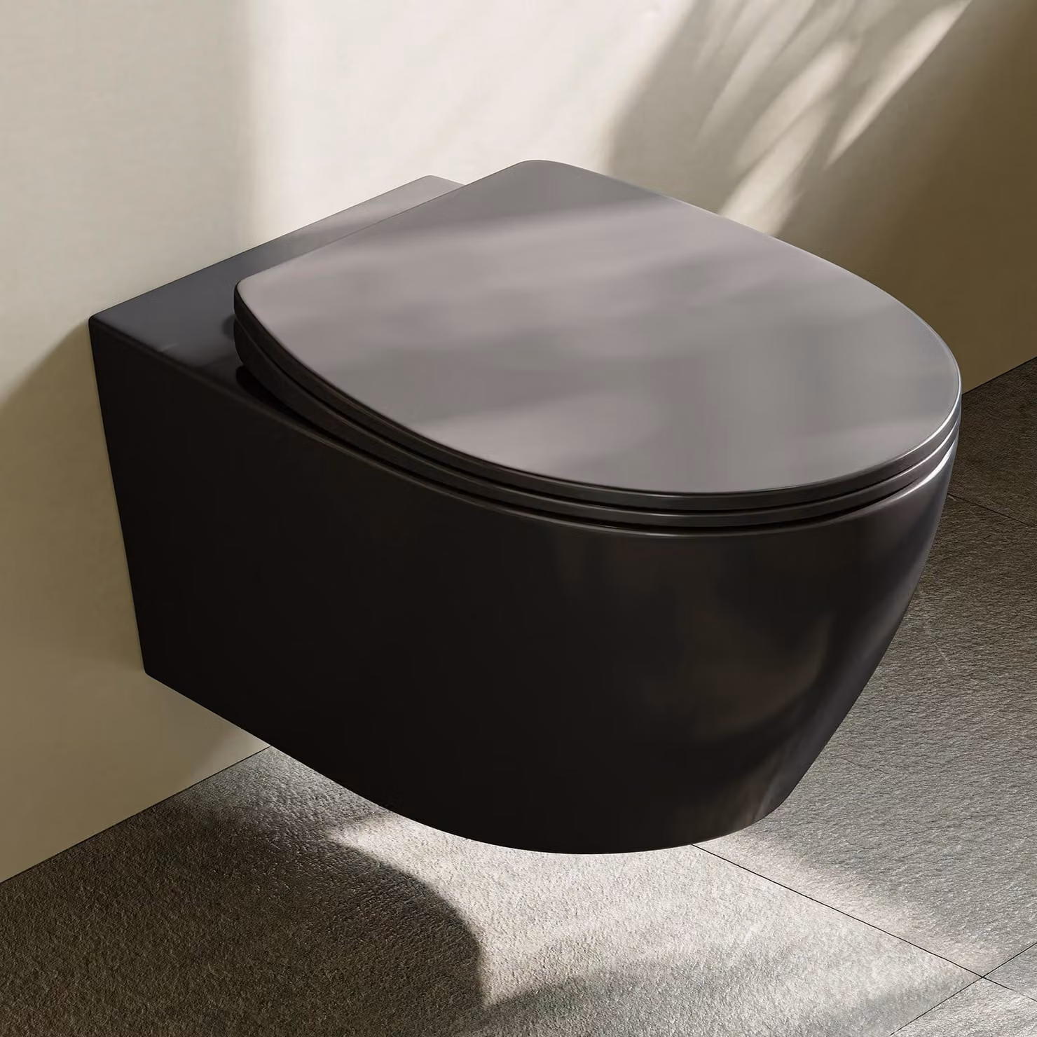 HOROW WC sospeso senza bordo Vaso WC Coperchio del WC con chiusura morbida Sciacquone monoforo Superspin WC sospeso in Vetroceramica WC nero Sciacquone a bassa rumorosità