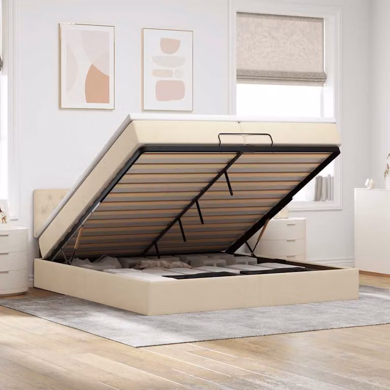 Struttura Letto con Contenitore e Materasso vidaXL in Tessuto Beige e Bianco L: 200 cm, P: 200 cm, H: 280 cm