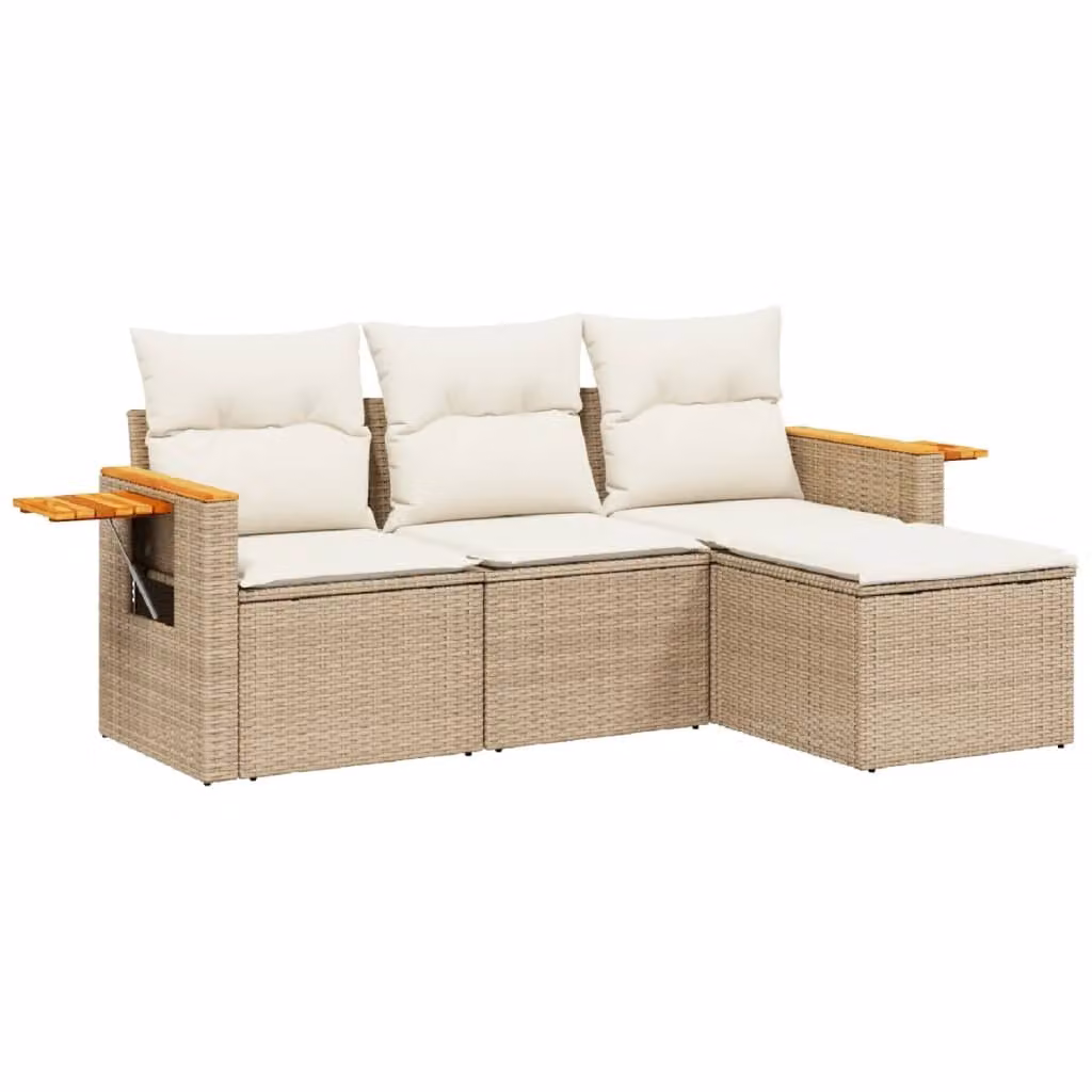 Set Divano da Giardino 4 pz con Cuscini Beige in Polyrattan