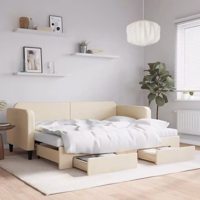 Divano Letto Estraibile con Cassetti Crema 80x200 cm in Tessuto 3196869