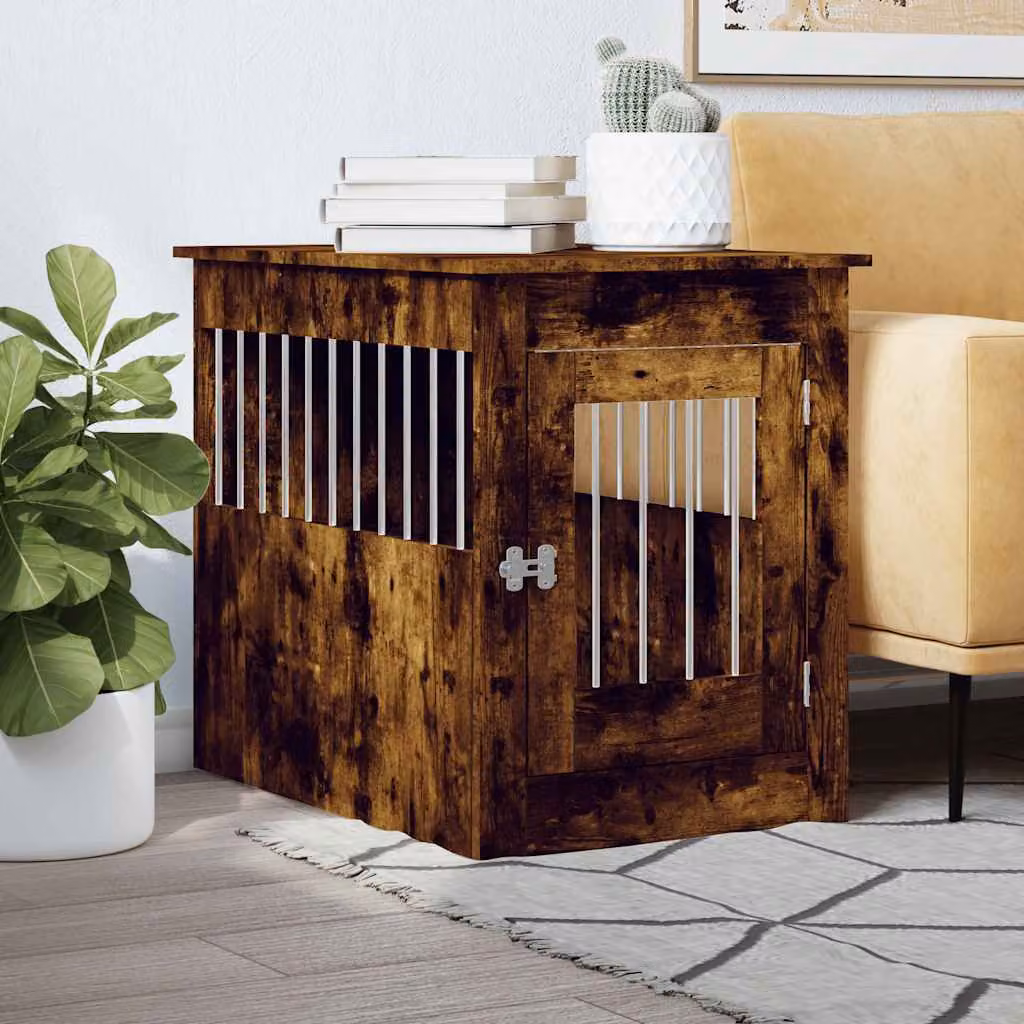 Gabbia per cani da arredamento vidaXL in legno e metallo, colore rovere fumo, L: 80 cm, P: 55 cm, H: 68 cm
