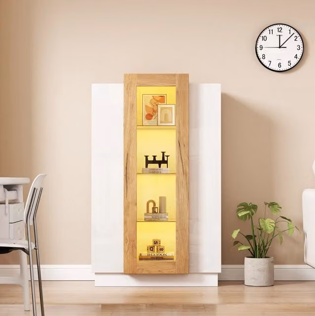 Vetrina da soggiorno ULEVR 74x40x120 cm con 3 ante in acrilico, LED controllabile via app e 4 livelli, bianco e naturale