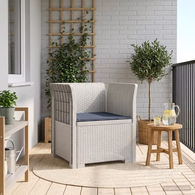 Poltrona a 1 Posto con Cuscino vidaXL in Effetto Rattan Bianco e Grigio per Giardino e Terrazzo