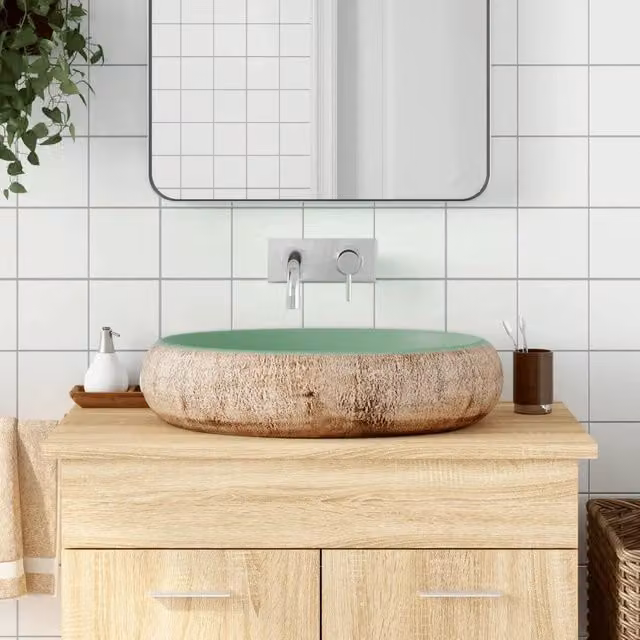 Lavabo da Appoggio-Lavandino-Lavello Verde e Marrone Ovale 59x40x15 cm Ceramica