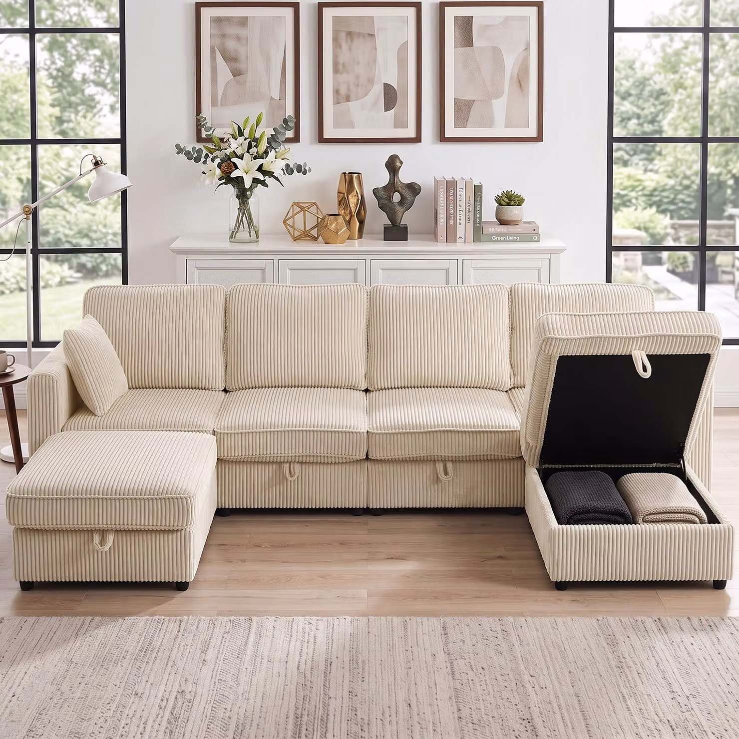 Divano modulare a U HOMCOM a 4 posti con 2 pouf contenitore in velluto a coste, colore beige, L: 306 cm – 2