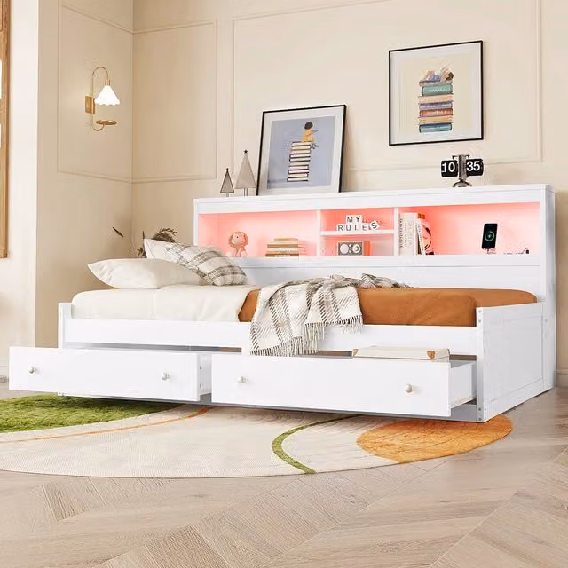 Letto a giorno Xylo - 90x200 cm - Bianco - 2 porte USB, 2 porte di ricarica, 2 cassetti