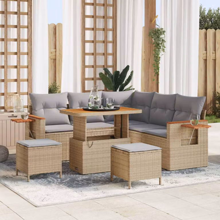 Set Divano da Giardino Moderno vidaXL in Polyrattan Beige con Cuscini e Tavolino da Esterno 8 Pezzi