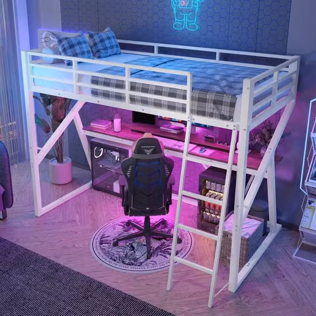 Letto a soppalco per bambini 90 × 200 cm con scrivania, LED regolabile e barriera, senza materasso, metallo bianco