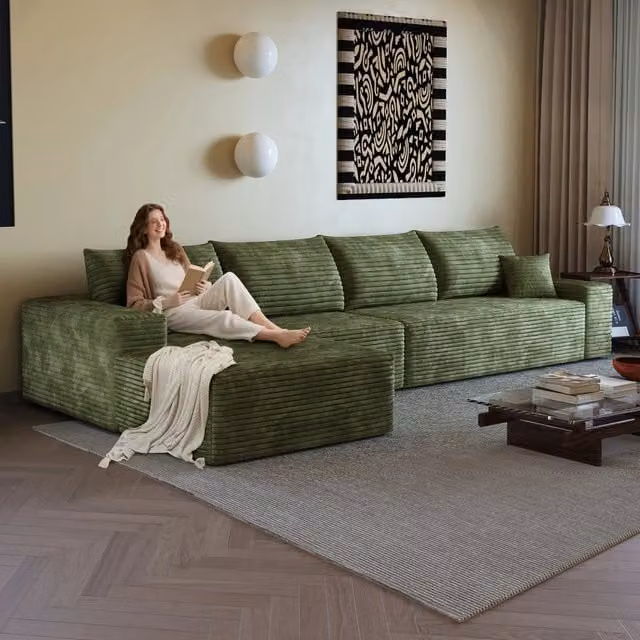 Divano angolare modulare 340x175x83 cm; divano senza struttura con chaise longue a L; seduta profonda; fornito senza montaggio; velluto a coste; verde