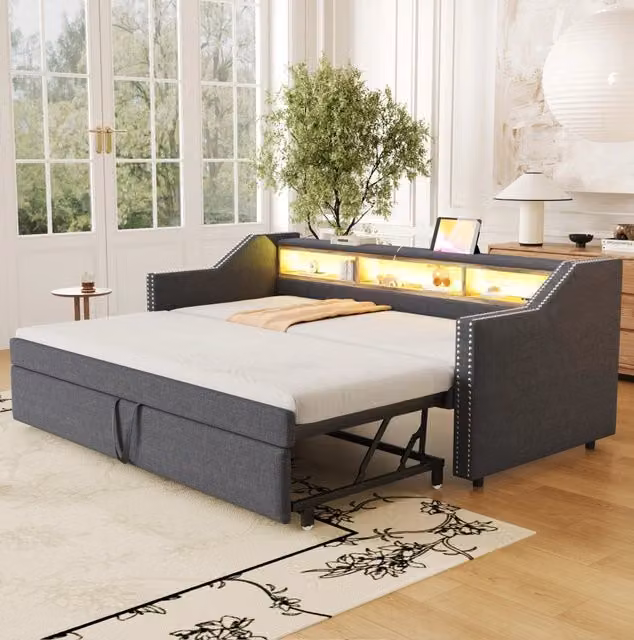 Divano letto imbottito estraibile 90/180 x 190 cm con LED; USB e 3 vani; grigio scuro