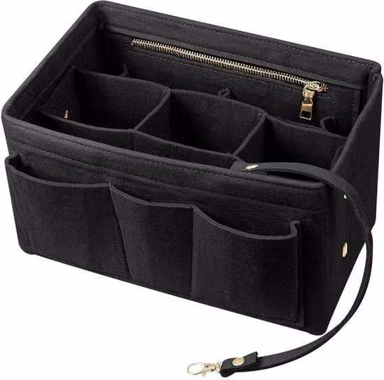 Borsa da viaggio nera con organizer, dotata di diversi scomparti e scomparti rimovibili