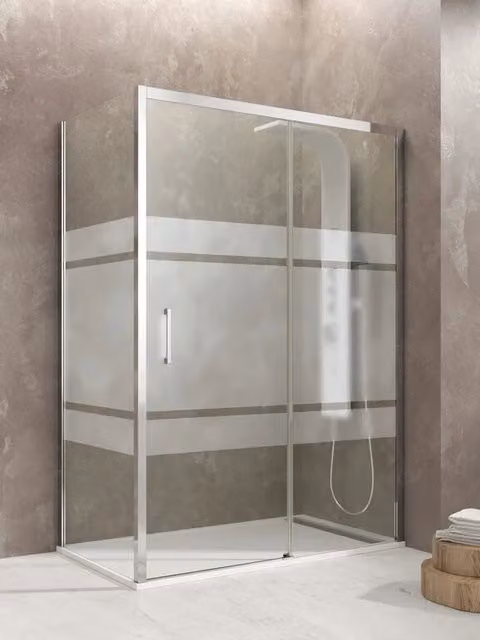 Box doccia angolare AKTUAL con vetro serigrafato Frost Plus e finitura cromo L 110 cm x P 80 cm