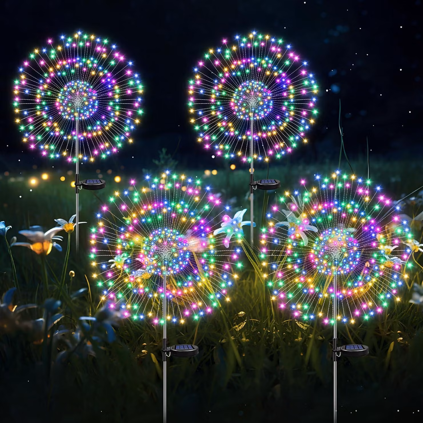 Lampade solari per esterni HELESIN, set di 4 pezzi, 2 modalità di illuminazione, decorazioni per il giardino, resistenti alle intemperie, 105 LED, luci solari a forma di fuoco d'artificio per il giardino, lampade solari per esterni, ideali per vialetti e