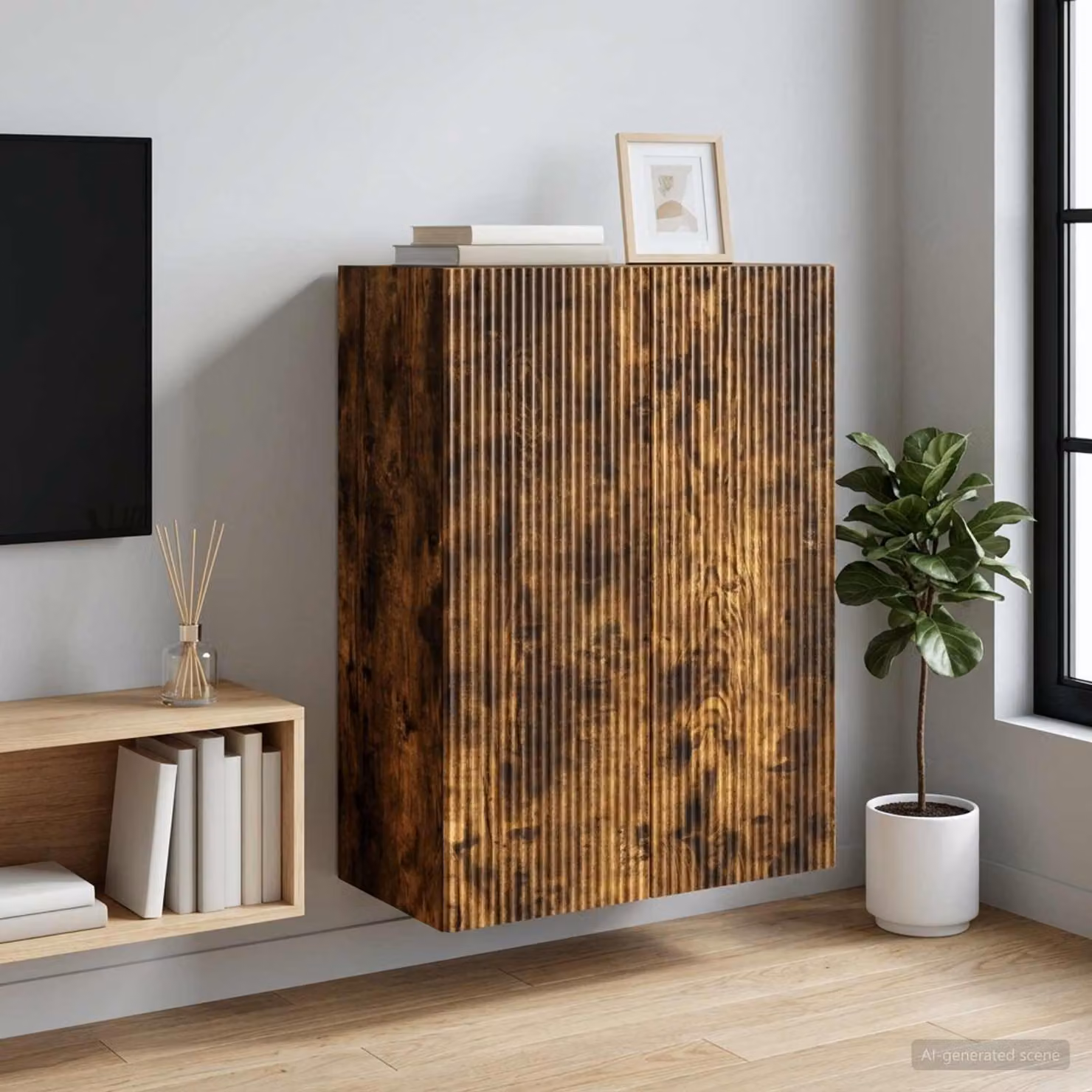 Mobiletto a muro vidaXL moderno in legno marrone con illuminazione LED L: 66 cm, P: 34,5 cm, H: 90 cm