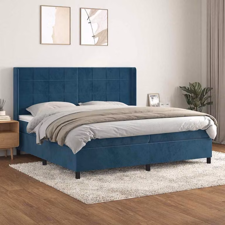 vidaXL Letto Ibrido con Giroletto a Molle e Materasso in Velluto Blu e Bianco, L/P: 200 x 200 cm