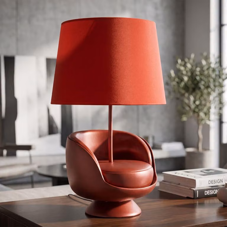 Lampada da tavolo retrò, poltrona, poliresina, tessuto, 26x43 cm, colore rosso, design Mauro Ferretti