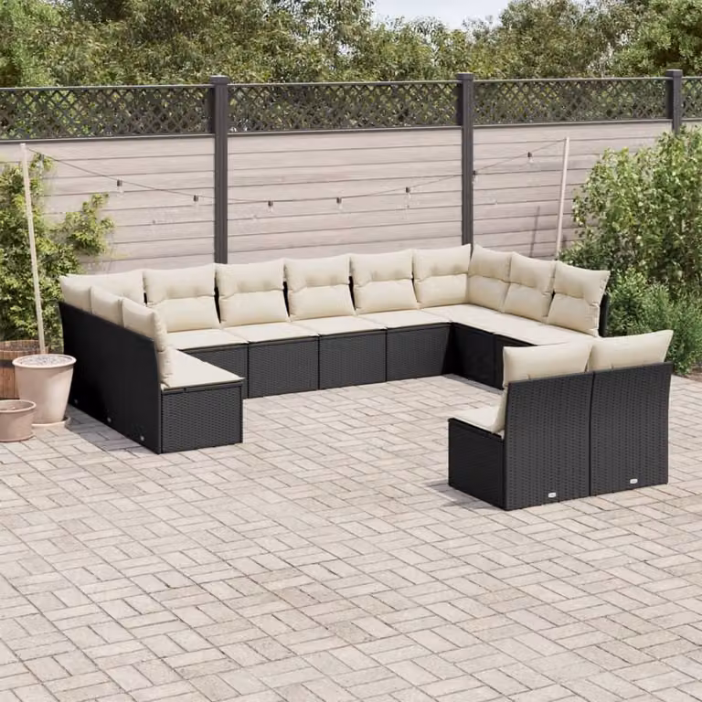 Set di Divani da Giardino a Forma di U vidaXL in Polyrattan Nero con Cuscini e Struttura in Acciaio