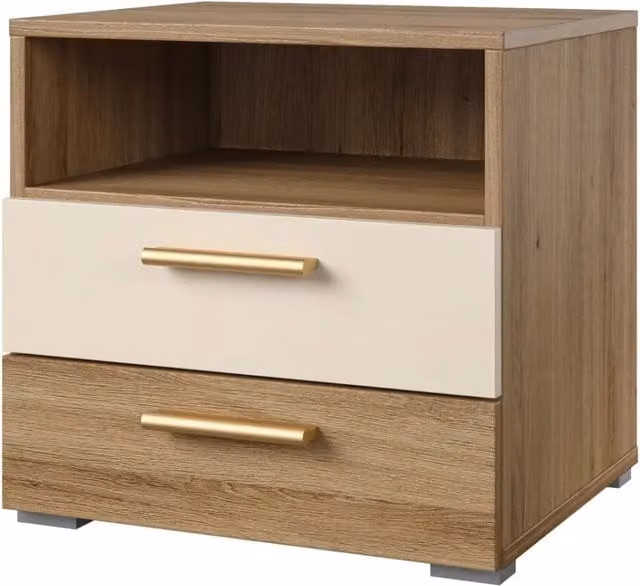 Comodino moderno Meublorama in legno e MDF, finitura rovere con dettagli beige e maniglie dorate per la tua camera da letto