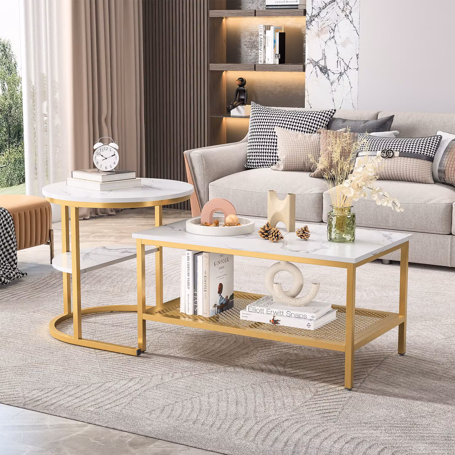 set di 2 tavolini, Tavolo da soggiorno, Tavolino con struttura in acciaio e ripiani, Design industriale, Stile scandinavo, Facile da montare, Tavolino in legno per divano, Tavolino