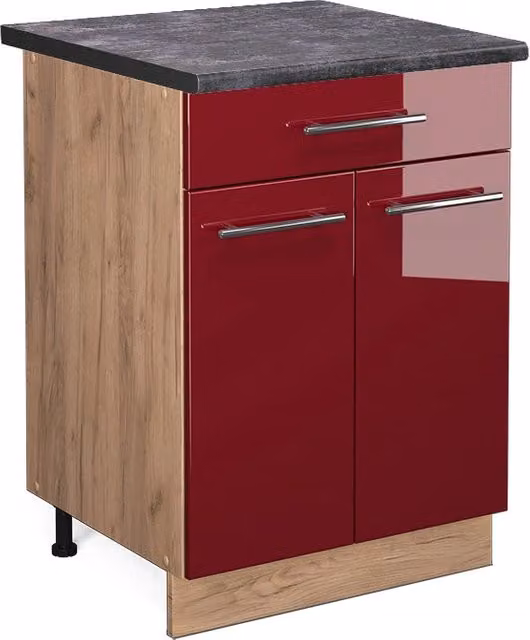 Mobiletto base per cucina Fame-Line Bordeaux lucido/Rovere dorato 60 cm con cassetto, PL Antracite Vicco