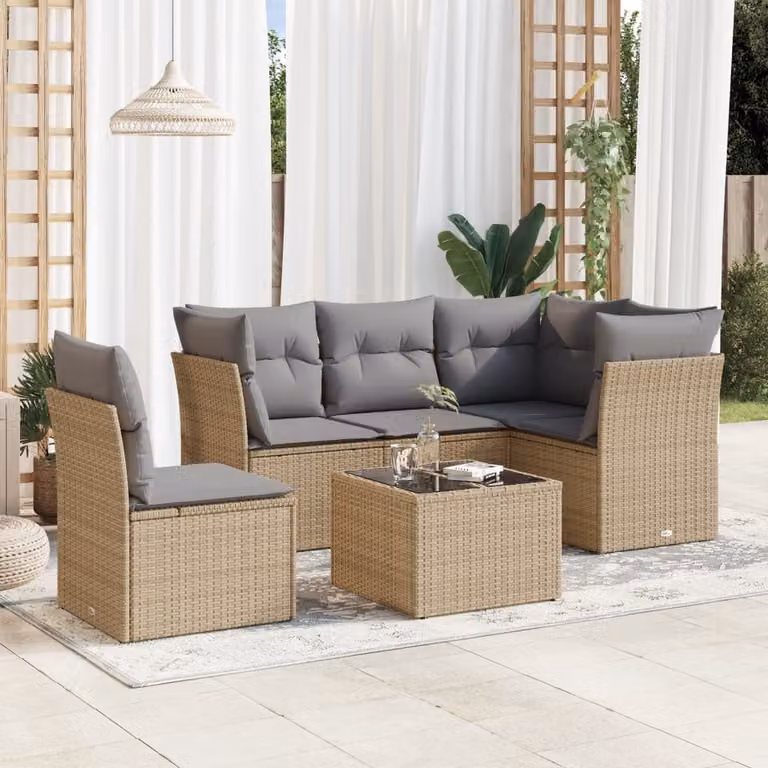 vidaXL Set Divano da Giardino 6 pz a L con Cuscini Beige in Polyrattan e Tavolino da Esterno