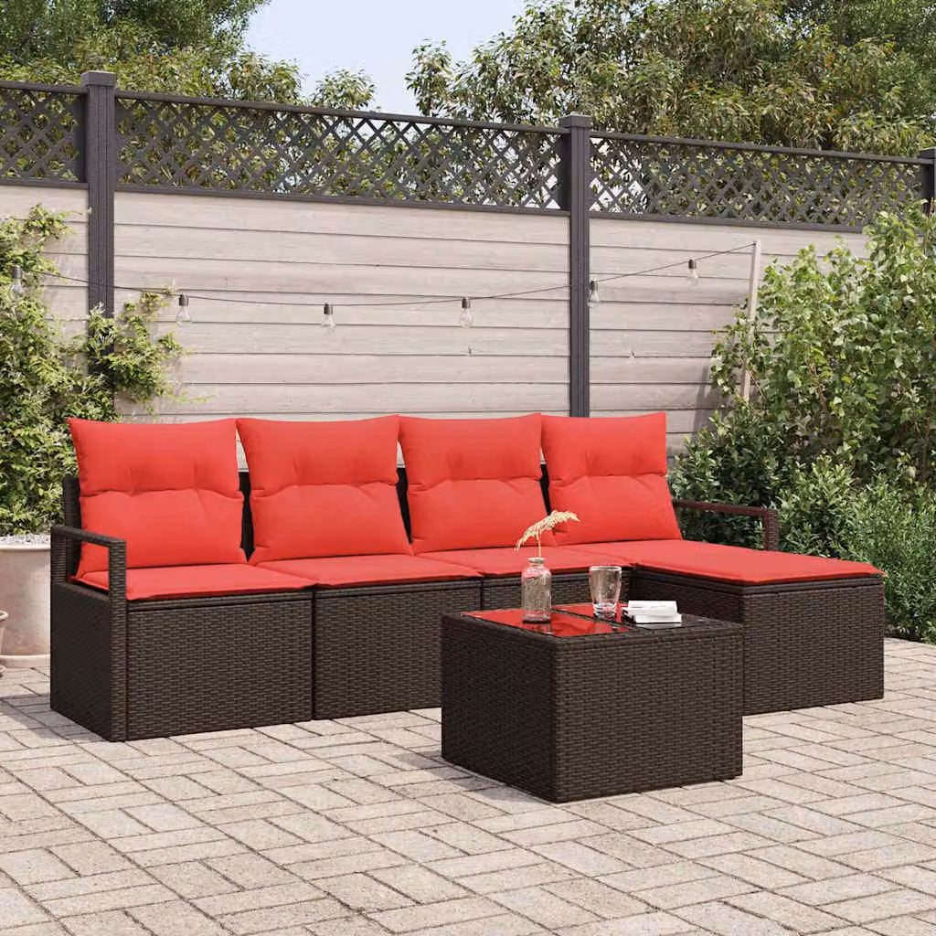 Maison Exclusive - Set di divani da esterno, 6 pezzi, color marrone e rosso, in rattan sintetico