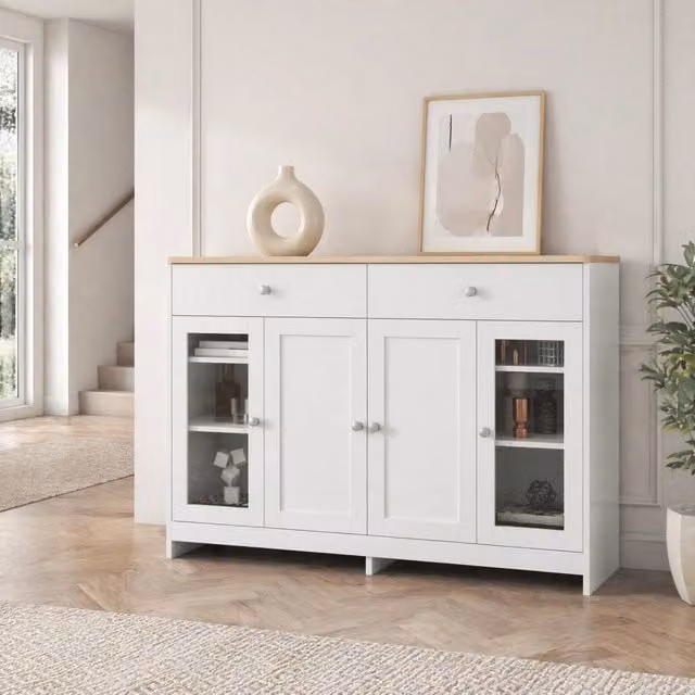 Credenza in MDF con 4 ante; 2 cassetti e ripiani regolabili; 120 x 37 x 80 cm; bianca