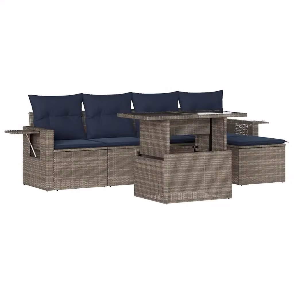 Set da giardino vidaXL in polyrattan composto da 6 pezzi con cuscini grigi e blu e tavolino da caffè – 2