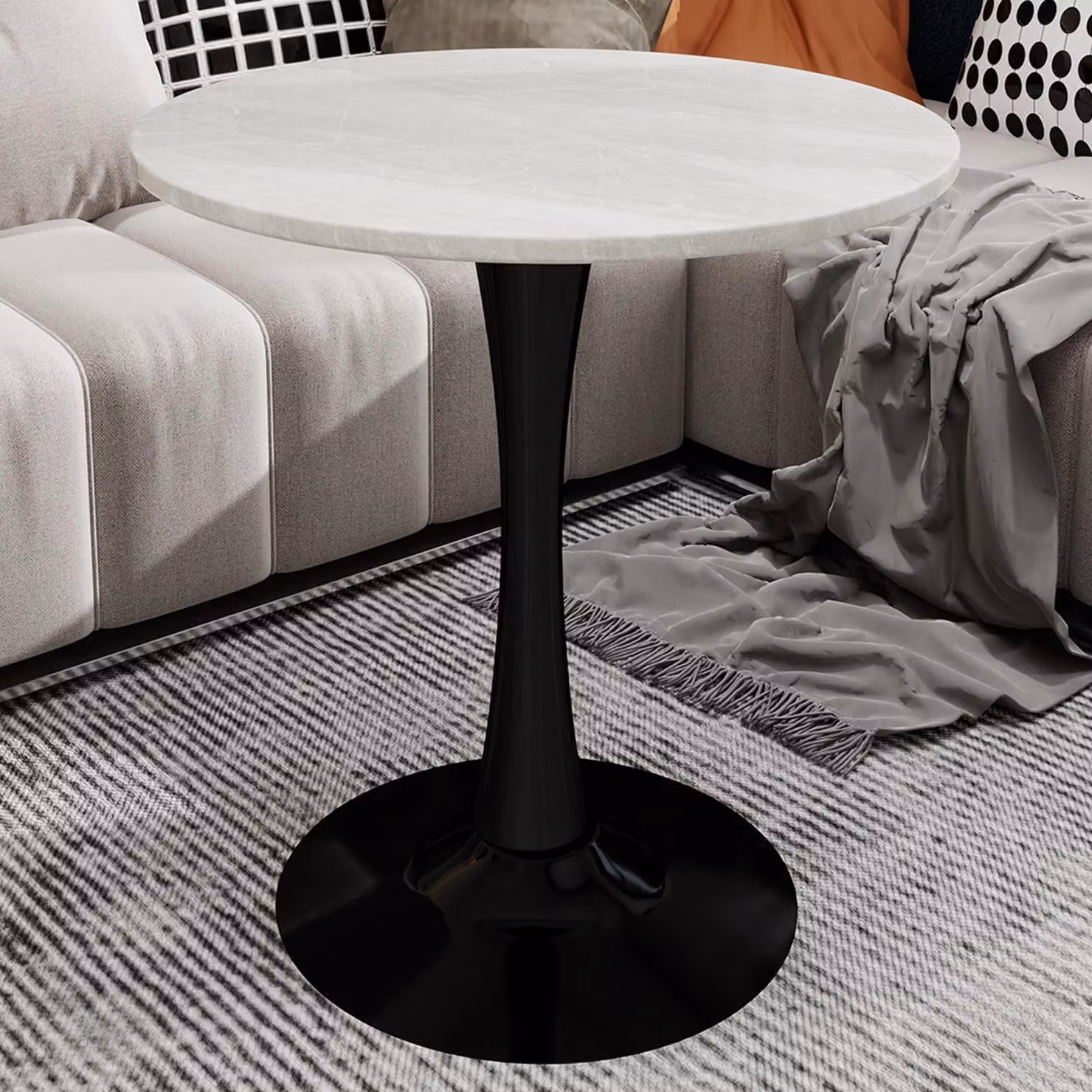 okwish tavolino da caffè tavolino da pranzo con diametro di 70 cm e in stile mid-century-modern, tavolino da cucina con venature bianche per 2-4 persone, nero bianco