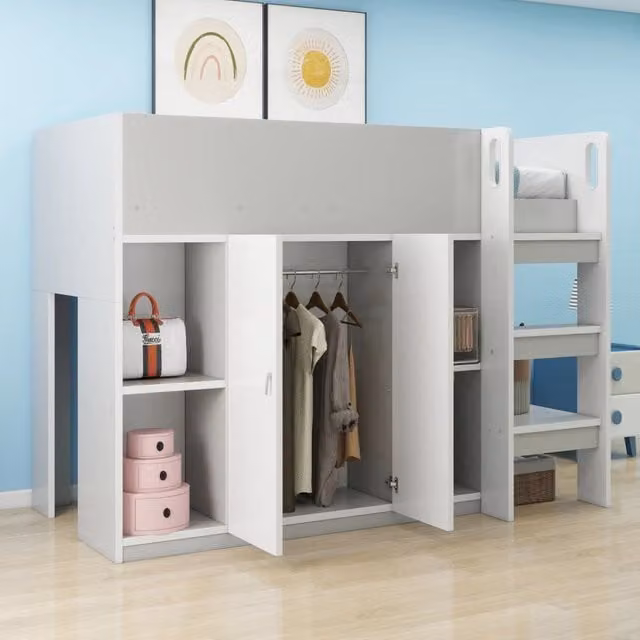 Letto a soppalco singolo MIVRAY grigio con armadio, ripiani, scala e rete a doghe, L/P/H: 200 x 90 x 175 cm