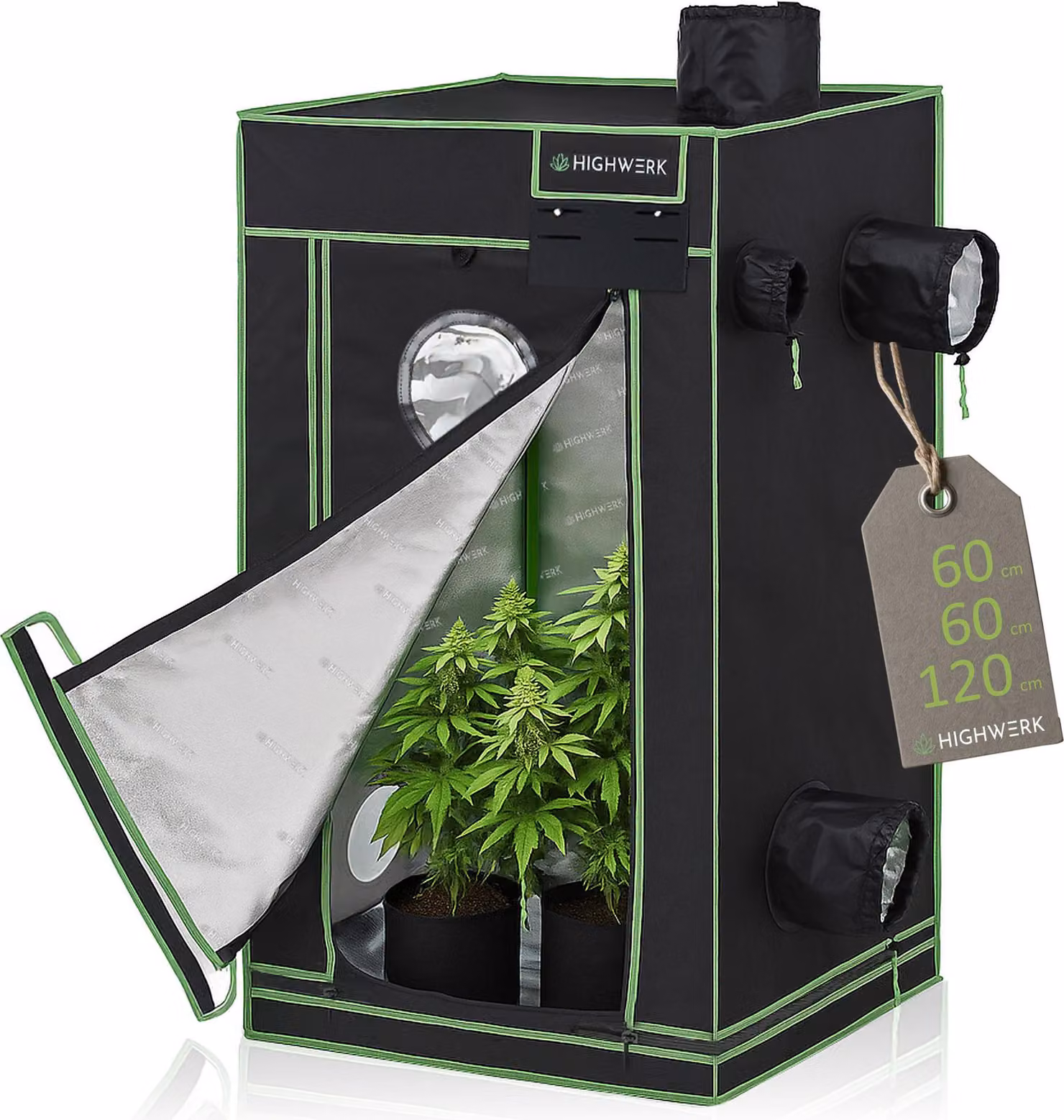 HIGHWERK tenda per coltivazione 60 x 60 x 120 cm, tenda per coltivazione indoor, nero verde, homegrow, armadio per coltivazione, tenda per piante