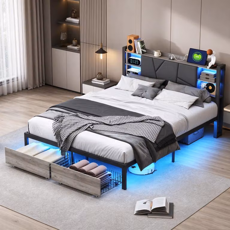 Letto matrimoniale INONEFT 140x200 cm con rete a doghe, struttura letto in metallo con illuminazione LED e porta USB, letto per ragazzi con testiera imbottita, colore nero
