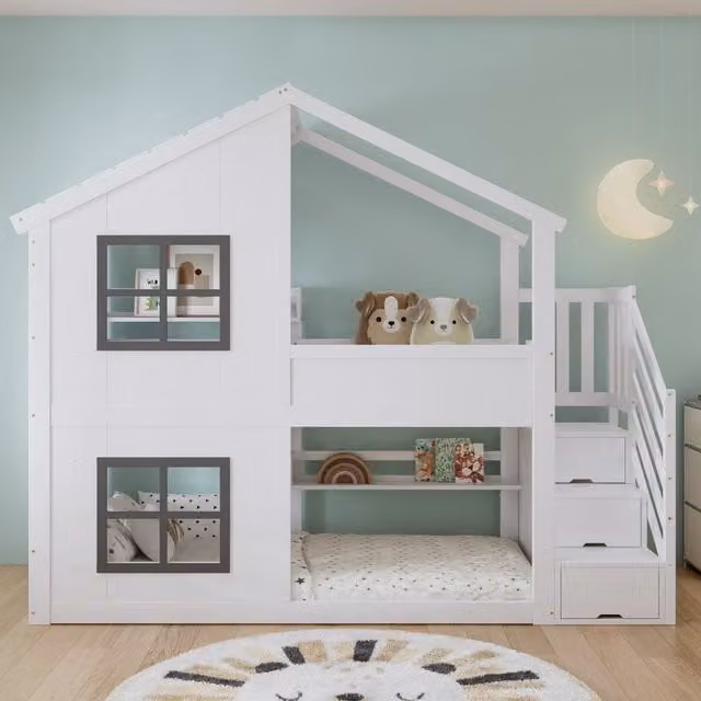 Letto a castello per bambini con finestre e scala contenitore, 90x200 cm, bianco/grigio