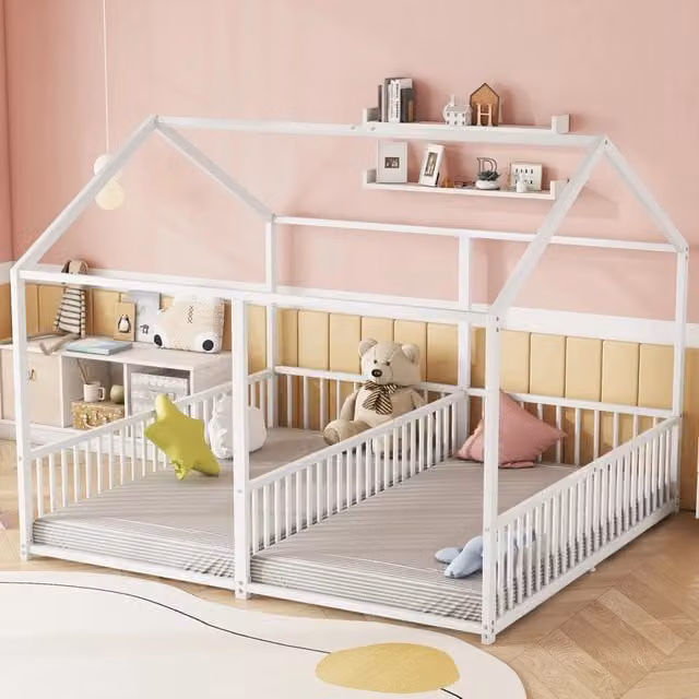 Letto a castello per bambini 90 × 200 cm 2 posti con scaletta e barriere, senza materasso, in metallo bianco